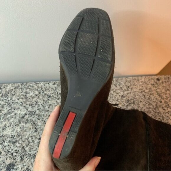 Prada Brown Suede Leather Shearling Knee High Wedge Boots 7 - Picture 6 of 15